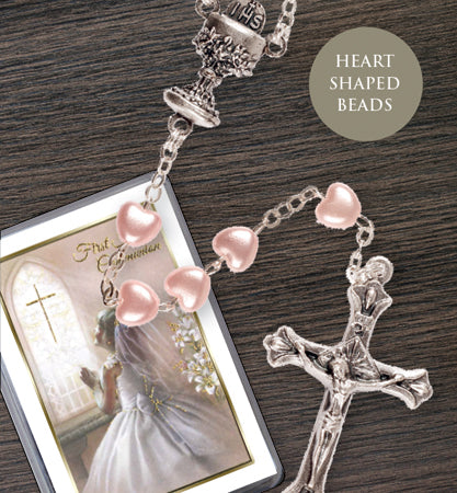 Communion Rosary Beads - Heart Shaped Pink