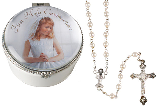 Communion Girl Rosary Beads - Porcelain Box