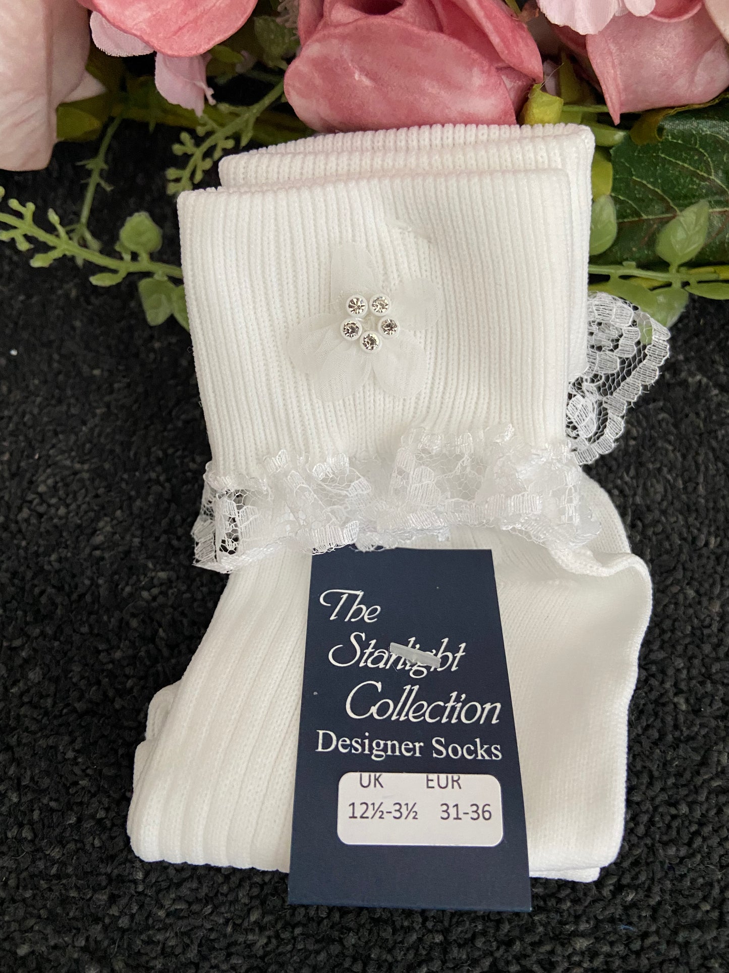 The Starlight Collection - Tammy Pearl Flower Single Frill Communion Socks White