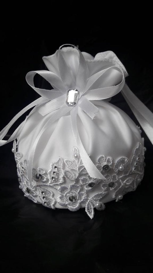 White Satin Bag With Embroidered Flowers, Jewels and Bow