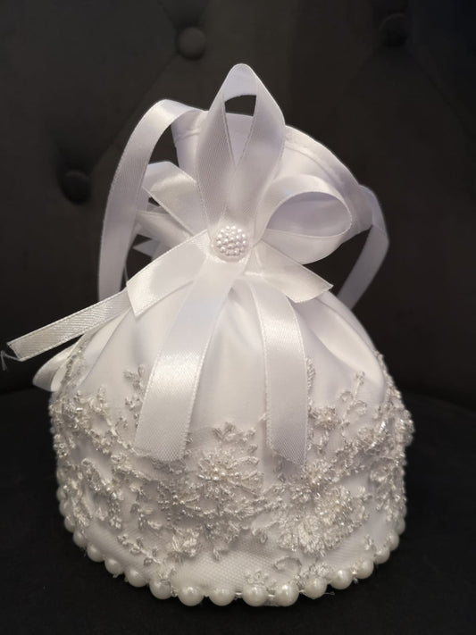 White Satin Drawstring Dolly Bag with Lace Flowers and Pearl Trim