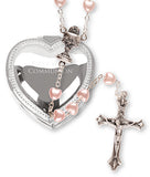 Imitation pearl rosary beads in metal heart box - 63413