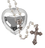 Imitation pearl rosary beads in metal heart box - 63414